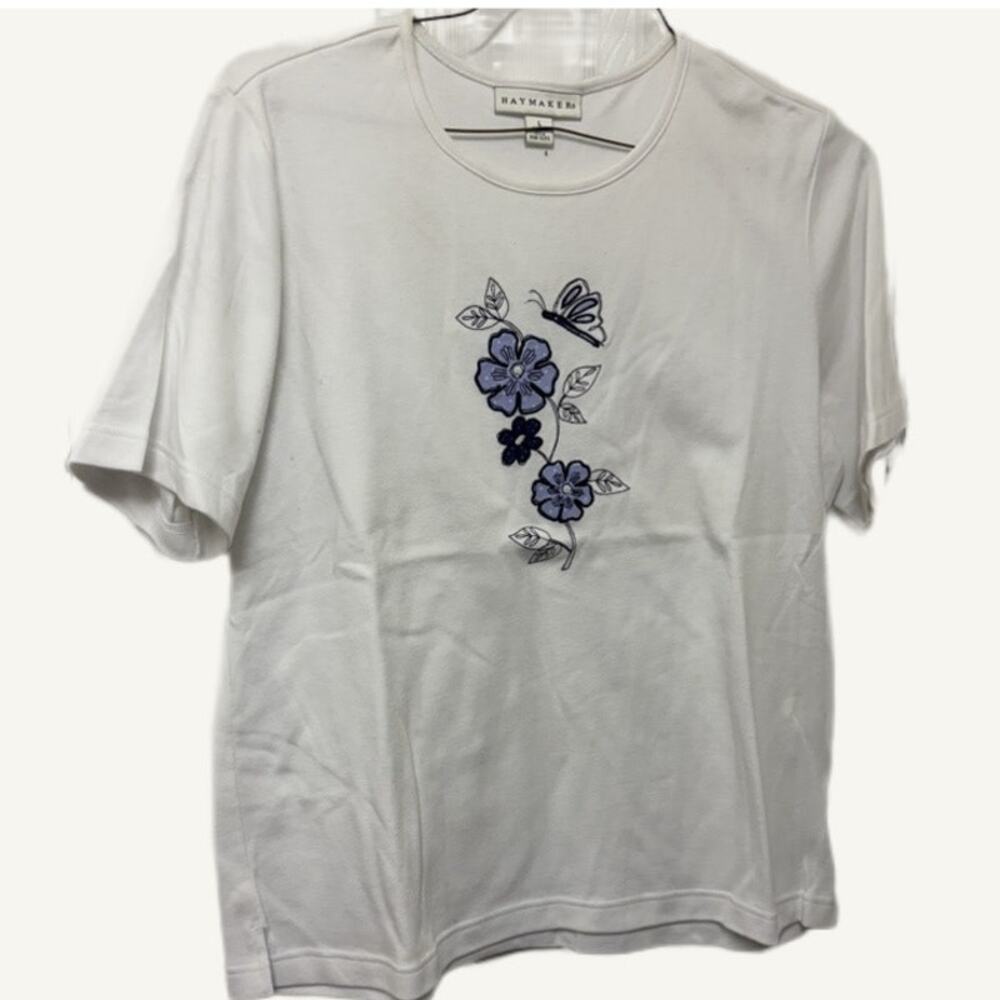 Vintage Haymaker White Floral Butterfly Embroidered T-Shirt Women's Size L